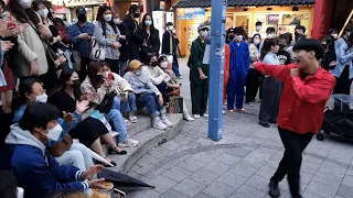 SUNDAY. RED CREW, GANGYONG. PRESENTING UNIQUE SUPERB PERFORMANCE WITH GOOD MANNERS. HONGDAE STREET.