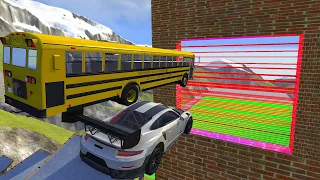 Crazy Vehicle High Speed Jumping Through Red Laser In Green Slime Pool - BeamNG drive Fire laser