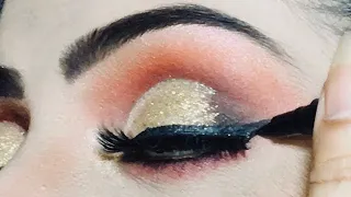 Golden glittery orange brown eyes makup tutorial