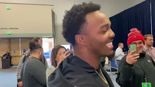 Nakobe Dean crashes Channing Tindall's interview at the NFL Combine