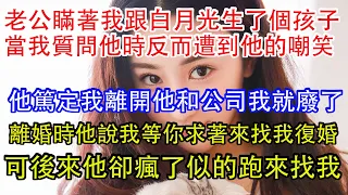 老公瞞著我跟白月光生了個孩子，當我質問他時反而遭到他的嘲笑，他篤定我離開他和公司我就廢了，離婚時他說我等你求著來找我復婚，可後來他卻瘋了似的跑來找我。