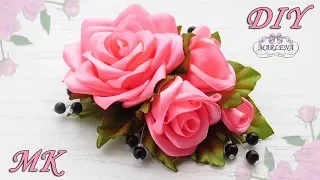 🌹 РОЗЫ ИЗ ЛЕНТ. Украшение на заколку, гребешок. DIY Ribbon Roses