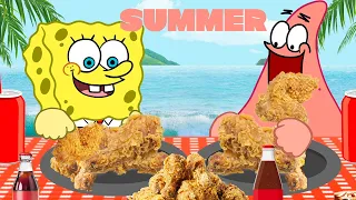 SpongeBob and Patrick on summer vacation.🏖️ Eating chicken and seasoned spicy chicken to the bone?