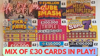 A £30 mix of scratch cards, £30 of £5, £3 and £2 scratch cards.