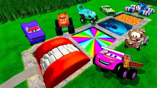 Giant Pit With Mouth& Acid & Rainbow Vs Huge & Tiny PIXAR CARS! BeamNG Drive