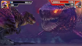 OMEGA 09 (T REX) VS COLOSSUS 04 (MEGALODON) BATTLE WHO WOULD WIN THE BATTLE JURASSIC WORLD THE GAME