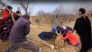 The Grandma's Family Building a Wooden Fence on a Snowy Day