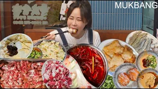 SUB) 무한리필 훠궈 (꿔바러우 무료 이벤트) 우삼겹 양고기 볶음밥까지 먹방 Spicy hot pot noodles Beef Lamb REAL SOUND ASMR MUKBANG