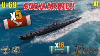 SUBMARINE U-69 5 Kills & 74k Damage | World of Warships Gameplay