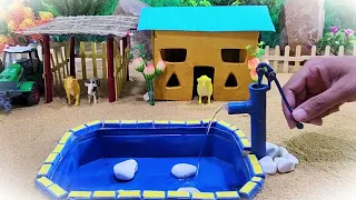DIY Farm Diorama with house for cow, pet | mini hand pump supply water for animals and crop