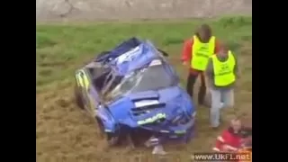 Petter Solberg destroys his Subaru Impreza STI WRC crash