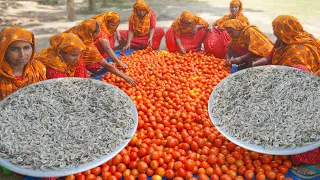 River Shrimp Mix Tomato Gravy Recipe - 60 KG Tomato & 6 KG Tiny Prawn Cooking for Villagers