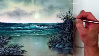 Captivating Moonlit Horizons: Acrylic Landscape Demo | Moon Glow Seascape Tutorial