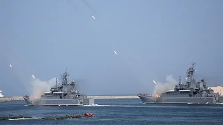 Large landing ship Azov and Caesar Kunnikov. The landing rockets shooting Navy Day