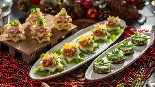 Christmas tree and star made of tramezzino. Curd cheese with herbs and rye bread. Finger food snacks