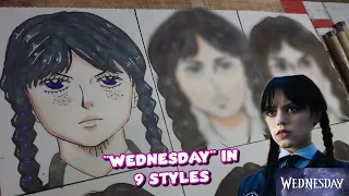 Drawing Wednesday Addams in 9 Different Styles | Wednesday Netflix