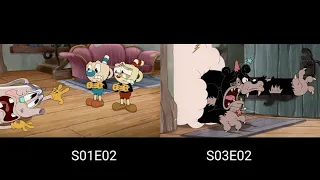 Baby Bottle attacks Elder Kettle and the Bear (Side by Side) Comparison | The Cuphead Show