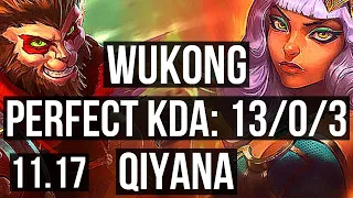 WUKONG vs QIYANA (TOP) | 13/0/3, 1.9M mastery, Legendary, 6 solo kills | BR Diamond | v11.17