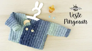 VESTE pour bébé "pingouin" au crochet grille des tailles spécial débutant