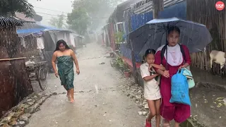 Rainy Day Walk through a Village with Congested Houses and Narrow Path