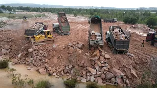 Part.80| Best Action of Komatsu Dozers And Big Dump Trucks Team Filling Up Land By Push and Crushing