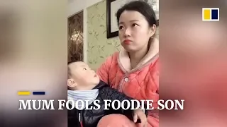 Chinese mum’s acting keeps food-loving baby from swiping her snack