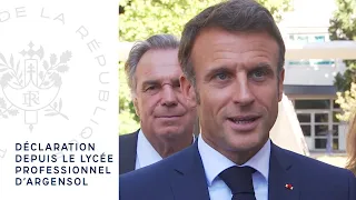 Déclaration du Président Emmanuel Macron depuis le Lycée professionnel d'Argensol.