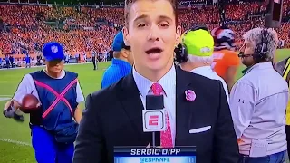 NFL Sideline Reporter Struggles to Speak during Broncos v Chargers game: Sergio Dipp Sideline Report