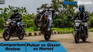 Pulsar NS 160 vs Suzuki Gixxer vs Honda CB Hornet 160R - Comparison Review | MotorBeam