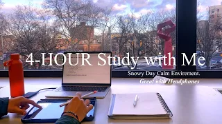 4 HOURS Study with me | at Library Snowy Day | Background noise| POMODORO 60/10| Mindful Studying