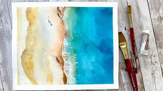 Ocean water and sand in watercolors | How to paint waves
