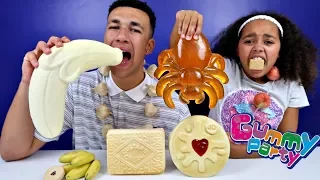 Famtastic Vlog 3: Real Food VS Gummy Food! Gross Giant Candy Challenge! Best Chef Mommy VS Daddy