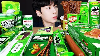 ASMR MUKBANG | GREEN FOOD HONEY JELLY CANDY Desserts (Noodles Jelly, chocolate) Convenience store