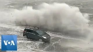 Waves Crash into Cars During Storm in Scotland