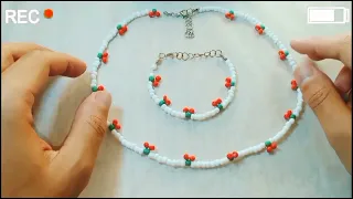 طريقة عمل عقد الكريز 🍒⁦❤️⁩ ( 😍 Cherry Necklace ) عقد الكرز بخرز التفسيرة | أسهل طريقة للمبتدئين ⁦👌🏼⁩