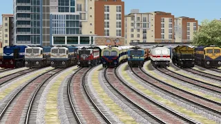 9 TRAINS CROSSING ON BUMPY FORKED RAILROAD CROSSING | Train Simulator |  Railroad Gameplay#railworks