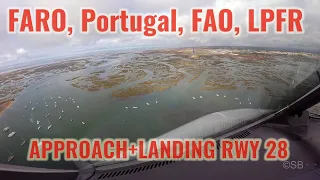 Faro FAO airport, Portugal: Approach + landing runway 28 Airbus cockpit view. With ATIS + ATC. 4k.