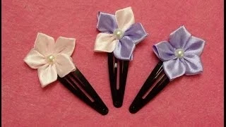 DIY kanzashi flower hairclips,ribbon flowers tutorial,how to make,kanzashi flores de cinta