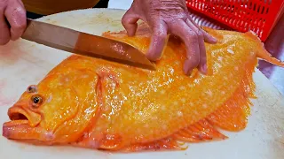 Golden flounder Cutting Skills, Crispy Fried Fish Skin,  Flounder Sashimi / 黃金比目魚切割技巧, 酥炸魚皮, 比目魚生魚片