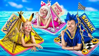 Rich Kitty vs Broke Pikachu vs Giga Rich Sonic! We Build Secret Room on the Desert Island!