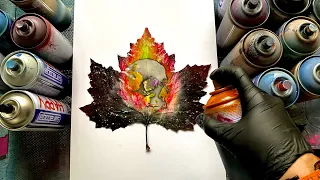 Burning Skull on Leaf   SPRAY PAINT ART  GLOW IN THE DARK