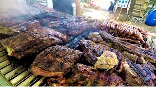 Italy Street Food. Grilled Meat, Burgers, Mortadella, Burrata with Blue Cheese, Seafood, Sweets