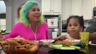 Giant shrimp and spicy noodles mukbang