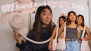 DIY hand knit chunky yarn bag