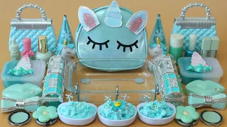 Mixing”Mint Unicorn” Eyeshadow and Makeup,parts,glitter Into Slime!Satisfying Slime Video!★ASMR★