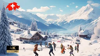 🇨🇭4K Switzerland ❄️ Relaxing Winter Walk ❄️ Most Beautiful Places Switzerland, Mürren, Snowy Forest