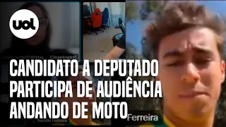 Candidato Nikolas Ferreira participa de audiência em cima de moto e sem capacete