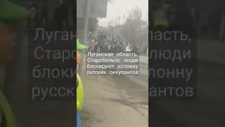 Луганская область, Старобельск, люди блокируют колонну российских оккупантов