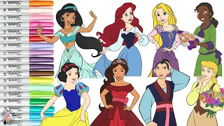 Disney Princess Coloring Book Compilation Rapuznel Jasmine Snow White Ariel Elena Tiana Mulan