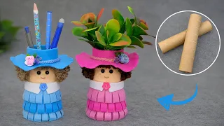 I took a cardboard tube, felt and made two cute dolls in hats 😍DIY pencil holder✏️